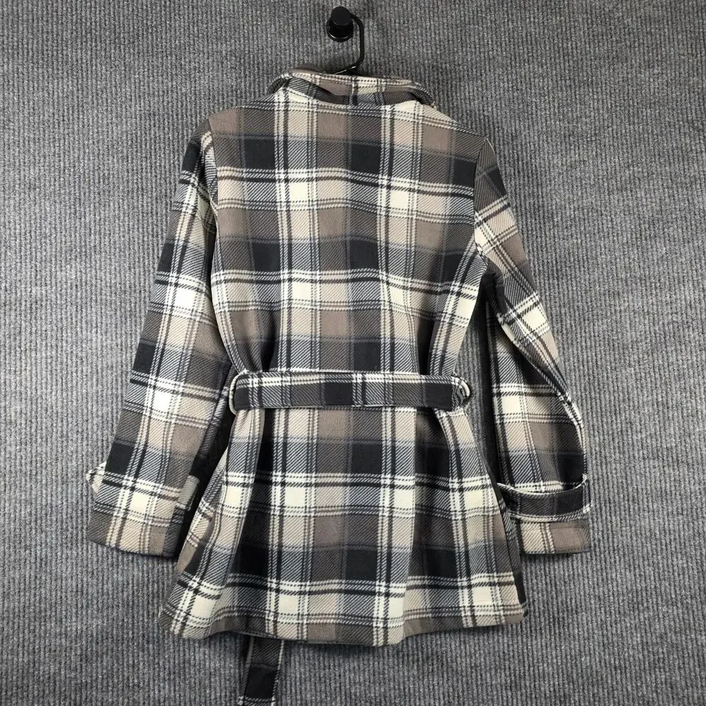 Ike Behar Plaid Peacoat Jacket Belted Double Breasted Gray‎ Cream M